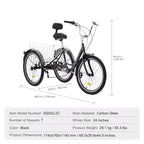VEVOR Adult Tricycles Bike, 7 Speed Adult Trikes, 24 Inch Three-Wheeled Bicycles, Carbon Steel Cruiser Bike with Basket and Adjustable Seat