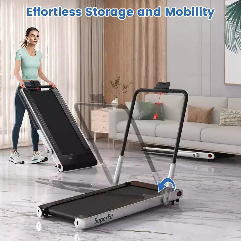 Tapis roulant pliable 3-en-1 Costway avec applications intelligentes, télécommande, écran LED et haut-parleurs bleu/argent