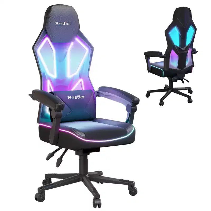 Bestier Breathable Fabric Gaming Chair with RGB LED Lighting and Adjustable Armrests
