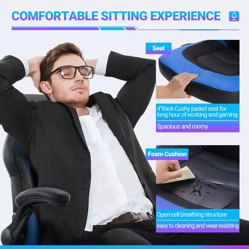 Bestier Gaming Chair, PU Leather Computer Swivel Chair with Lumbar Support, Adjustable Backrest and Flip-up Armrest for Home Office Desk Chair