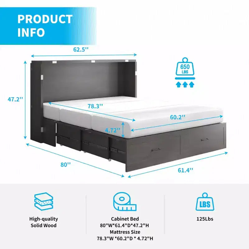 Lit escamotable Queen Mjkone avec station de recharge, lit pliable de style armoire peu encombrant avec matelas