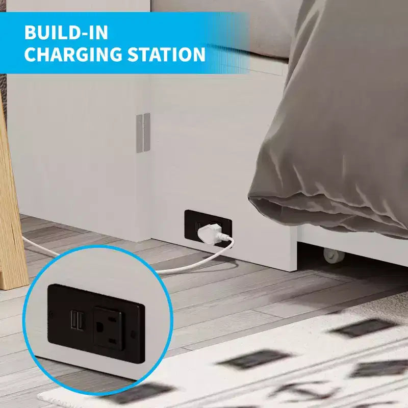Lit escamotable Queen Mjkone avec station de recharge, lit pliable de style armoire peu encombrant avec matelas