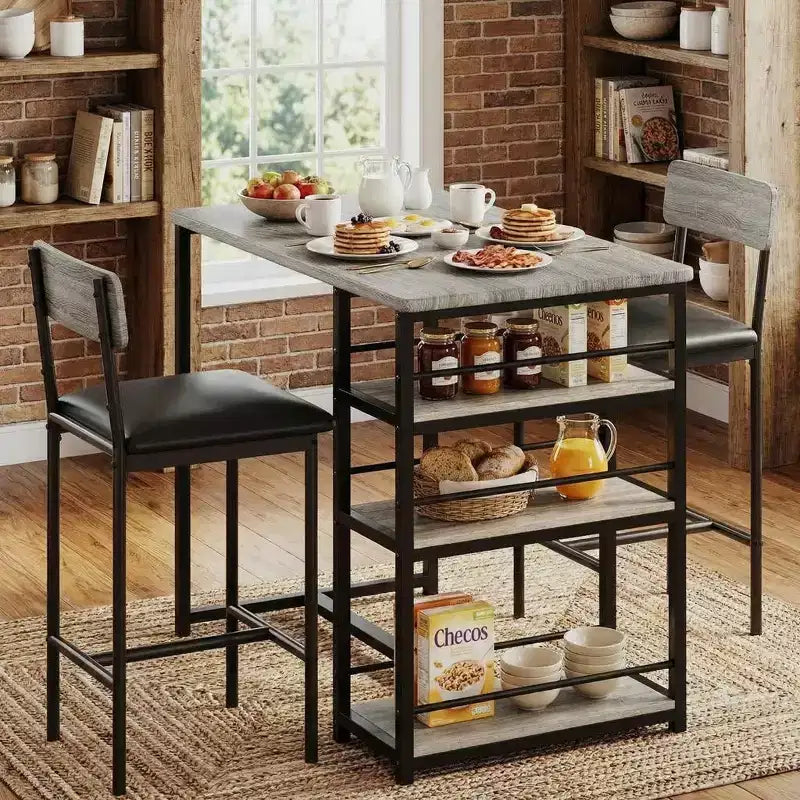 Ensemble table à manger et 2 tabourets de bar, Table de cuisine hauteur comptoir avec 2 tabourets de bar rembourrés, Ensemble table et chaises de salle à manger avec étagères de rangement