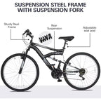 hykolity 26 27.5 Wheel Mountain Bike, 18 Speed MTB Women Men Bicycle with Adjustable Saddle, Full Suspension for Outdoor Cycling