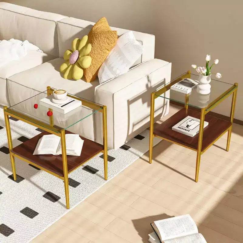 Set of 2 Rectangle End Table, Tempered Glass Tabletop with MDF layer,Transparent Glass