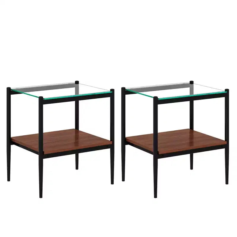 Lot de 2 tables d'appoint rectangulaires, plateau en verre trempé avec couche MDF, verre transparent