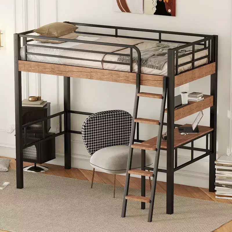 Lit mezzanine Okak industriel double/grand format avec bureau intégré, lit superposé en métal avec étagères de rangement et échelle, lits mezzanine multifonctionnels pour adolescents et adultes