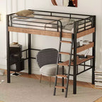 Lit mezzanine Okak industriel double/grand format avec bureau intégré, lit superposé en métal avec étagères de rangement et échelle, lits mezzanine multifonctionnels pour adolescents et adultes