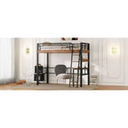 Lit mezzanine Okak industriel double/grand format avec bureau intégré, lit superposé en métal avec étagères de rangement et échelle, lits mezzanine multifonctionnels pour adolescents et adultes