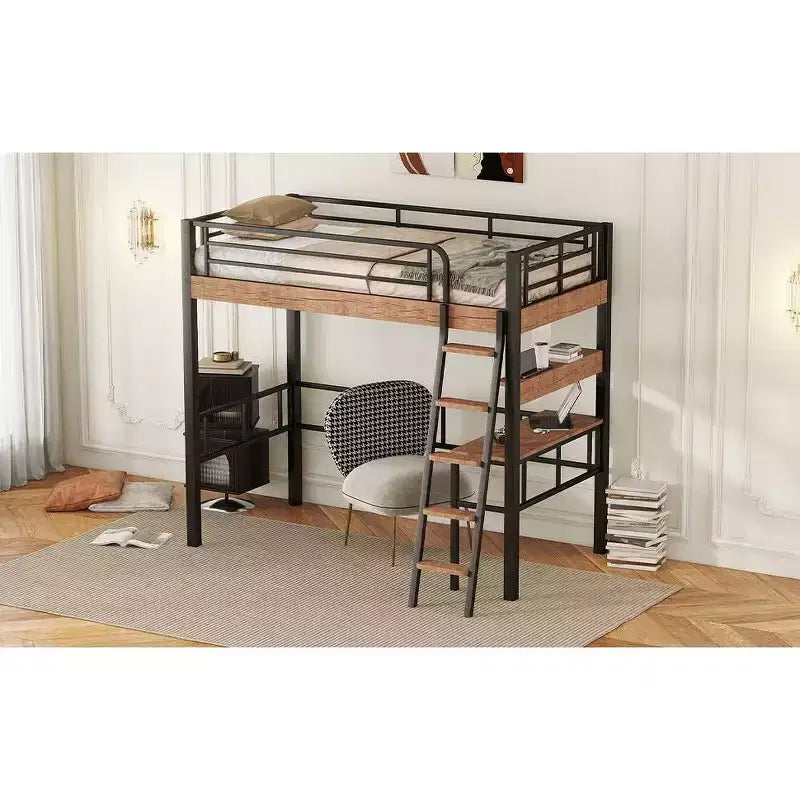 Lit mezzanine Okak industriel double/grand format avec bureau intégré, lit superposé en métal avec étagères de rangement et échelle, lits mezzanine multifonctionnels pour adolescents et adultes