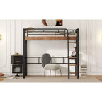 Lit mezzanine Okak industriel double/grand format avec bureau intégré, lit superposé en métal avec étagères de rangement et échelle, lits mezzanine multifonctionnels pour adolescents et adultes