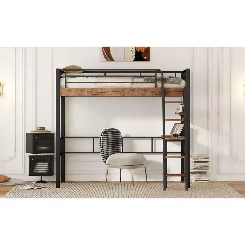 Lit mezzanine Okak industriel double/grand format avec bureau intégré, lit superposé en métal avec étagères de rangement et échelle, lits mezzanine multifonctionnels pour adolescents et adultes
