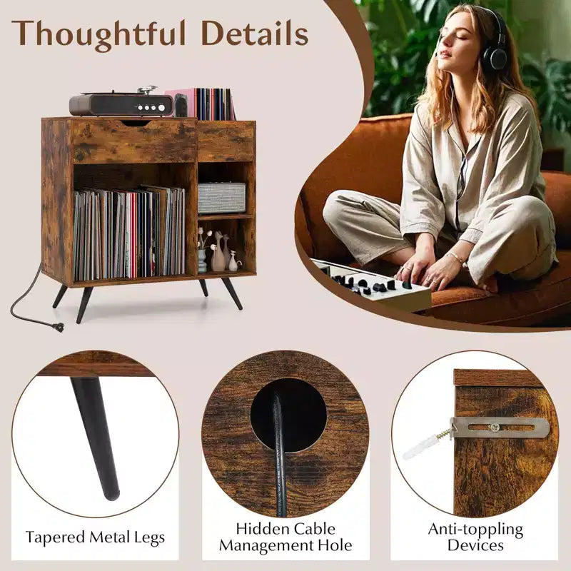 Meuble tourne-disque Costway avec prise de courant, tiroir, séparateur amovible, meuble de présentation industriel pour platine vinyle