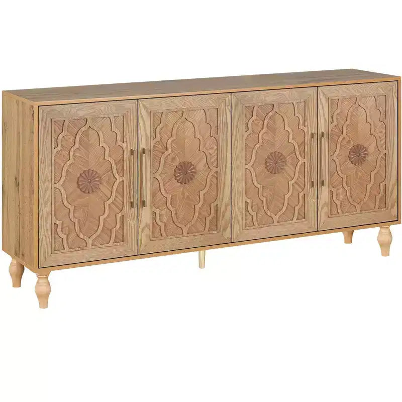 HomeRoots Buffet en bois sculpté géométrique vieilli naturel à quatre portes, 68 po