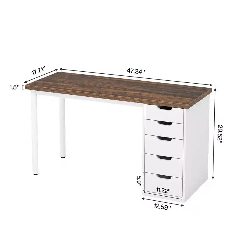MAYEERTY Bureau d'ordinateur 119 cm avec 5 tiroirs blancs, bureau de télétravail en bois composite de 3 cm d'épaisseur avec pieds en métal blanc