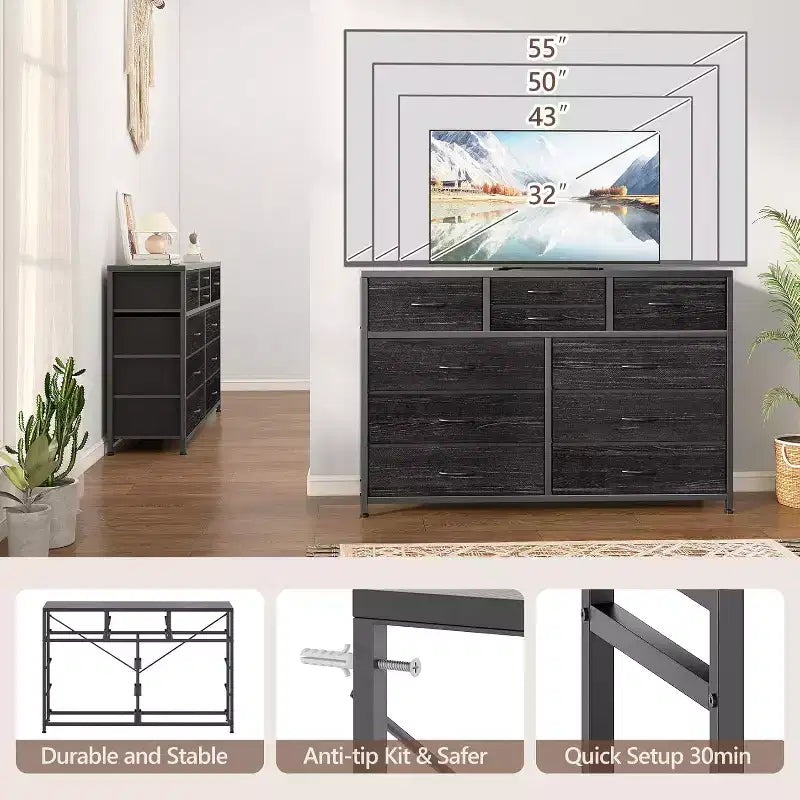 Commode double usage à 10 tiroirs et meuble TV, centre de divertissement pour téléviseurs de 55 pouces, organisateur de rangement pour chambre/salon/entrée