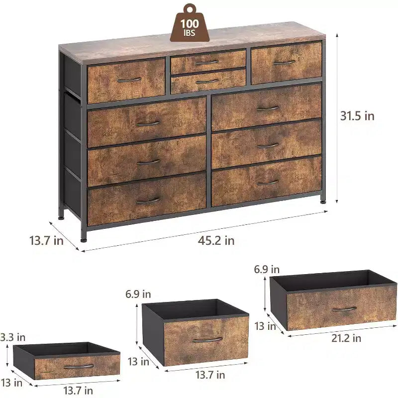 Commode double usage à 10 tiroirs et meuble TV, centre de divertissement pour téléviseurs de 55 pouces, organisateur de rangement pour chambre/salon/entrée