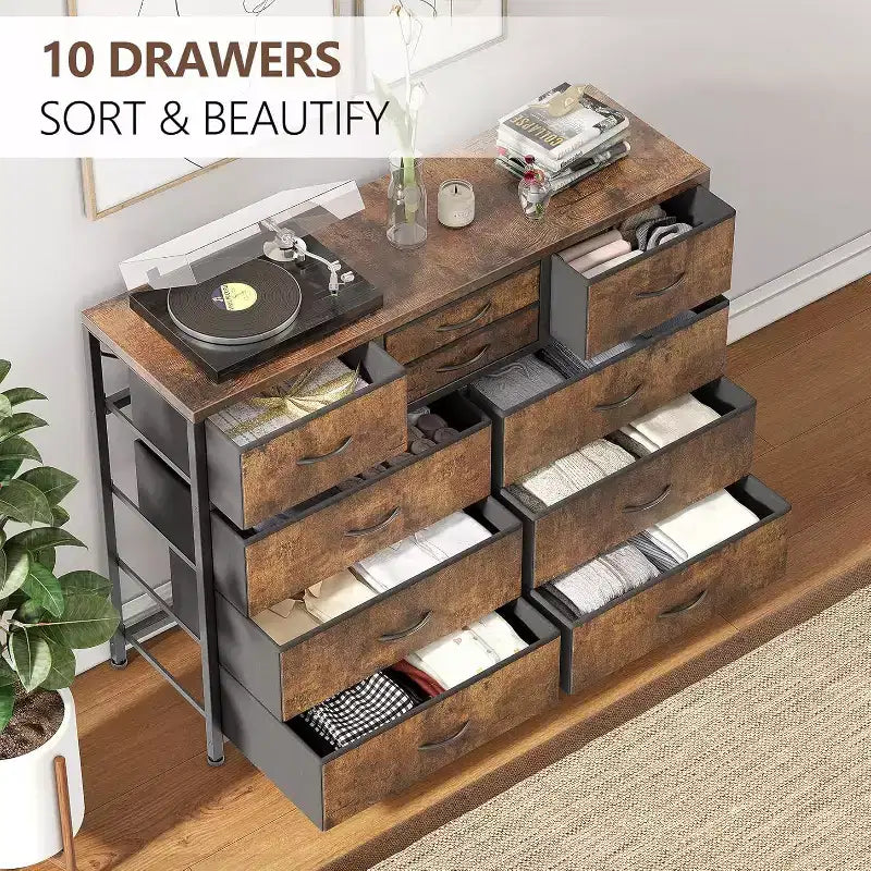 Commode double usage à 10 tiroirs et meuble TV, centre de divertissement pour téléviseurs de 55 pouces, organisateur de rangement pour chambre/salon/entrée