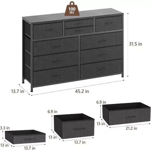 Commode double usage à 10 tiroirs et meuble TV, centre de divertissement pour téléviseurs de 55 pouces, organisateur de rangement pour chambre/salon/entrée