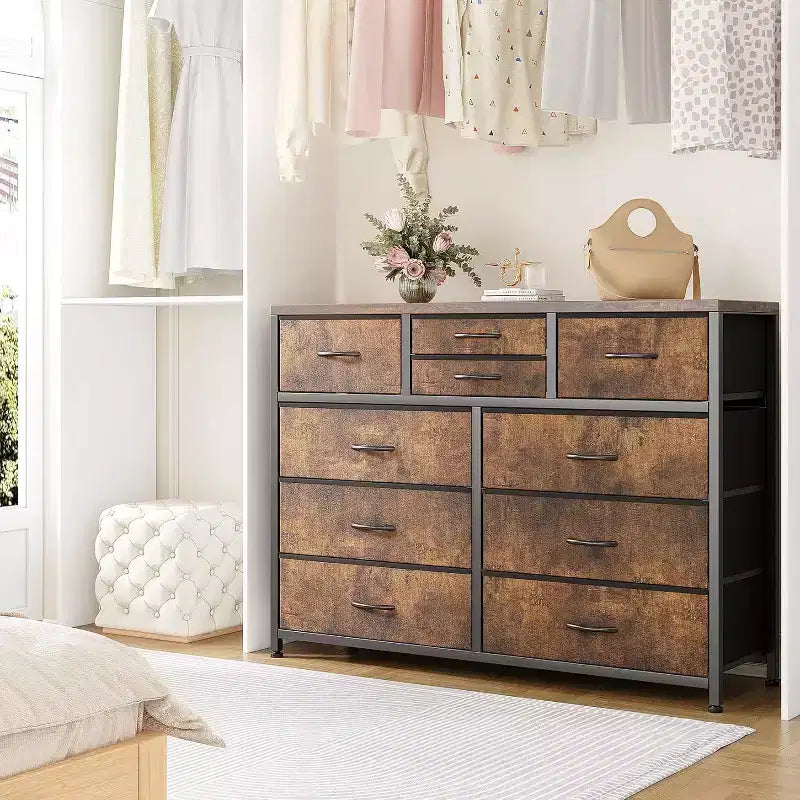 Commode double usage à 10 tiroirs et meuble TV, centre de divertissement pour téléviseurs de 55 pouces, organisateur de rangement pour chambre/salon/entrée