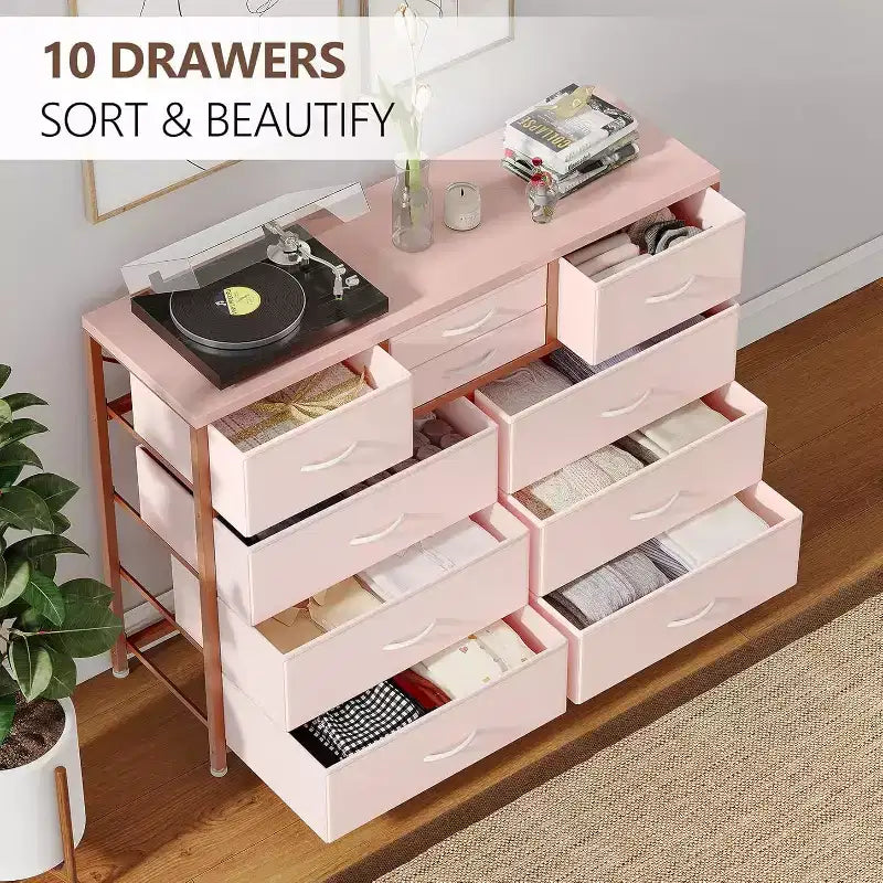 Commode double usage à 10 tiroirs et meuble TV, centre de divertissement pour téléviseurs de 55 pouces, organisateur de rangement pour chambre/salon/entrée