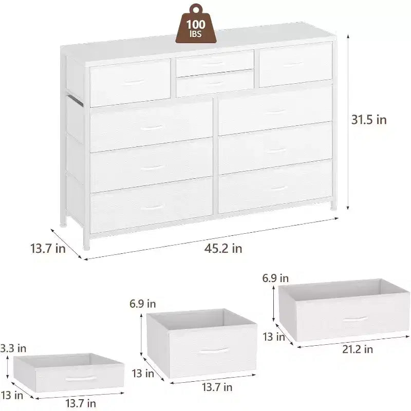 Commode double usage à 10 tiroirs et meuble TV, centre de divertissement pour téléviseurs de 55 pouces, organisateur de rangement pour chambre/salon/entrée