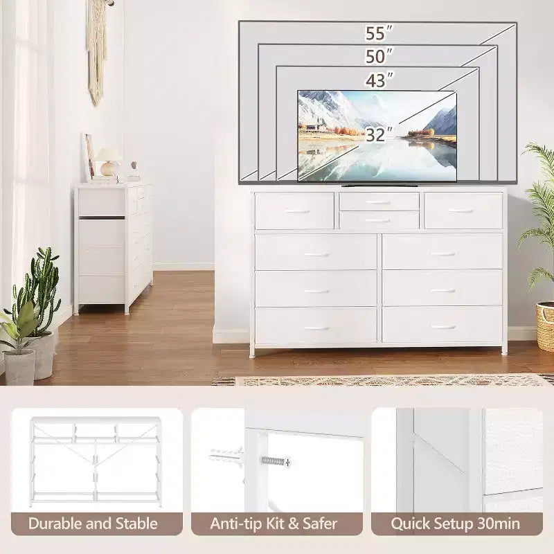 Commode double usage à 10 tiroirs et meuble TV, centre de divertissement pour téléviseurs de 55 pouces, organisateur de rangement pour chambre/salon/entrée