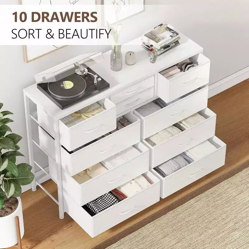 Commode double usage à 10 tiroirs et meuble TV, centre de divertissement pour téléviseurs de 55 pouces, organisateur de rangement pour chambre/salon/entrée