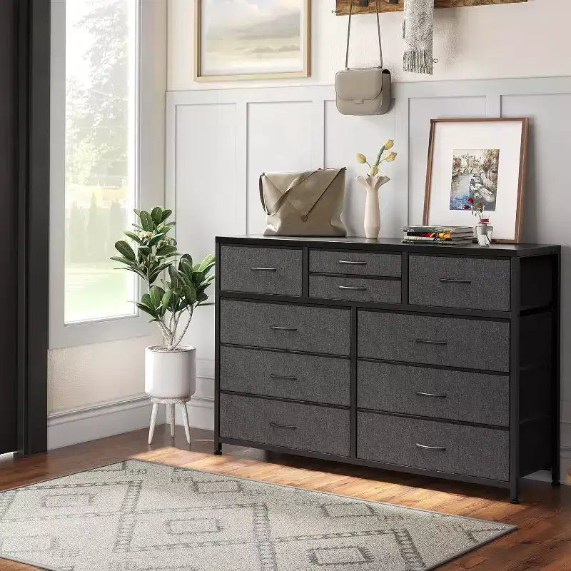 Commode double usage à 10 tiroirs et meuble TV, centre de divertissement pour téléviseurs de 55 pouces, organisateur de rangement pour chambre/salon/entrée