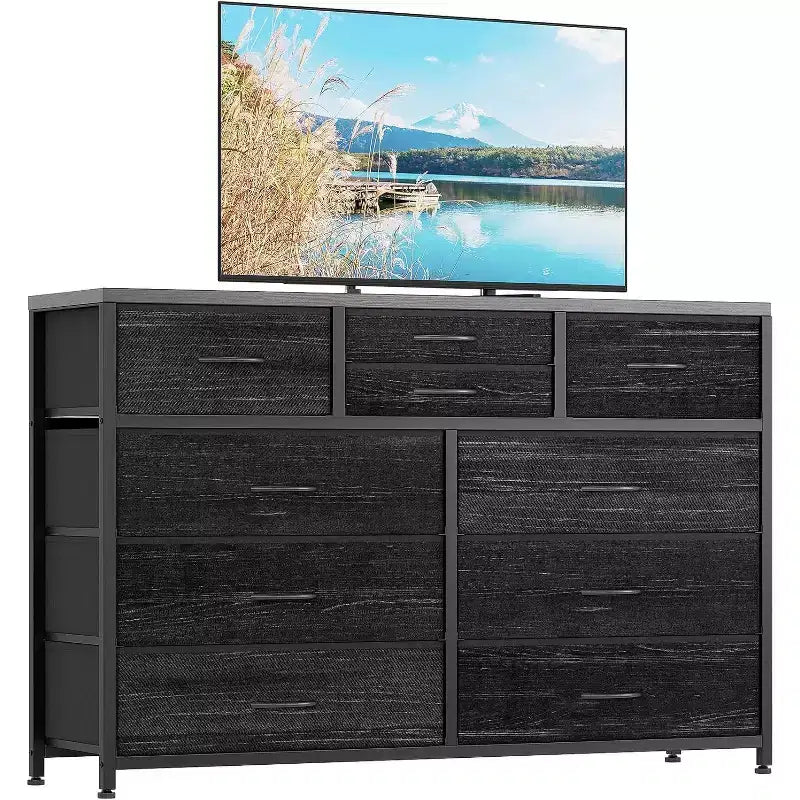 Commode double usage à 10 tiroirs et meuble TV, centre de divertissement pour téléviseurs de 55 pouces, organisateur de rangement pour chambre/salon/entrée