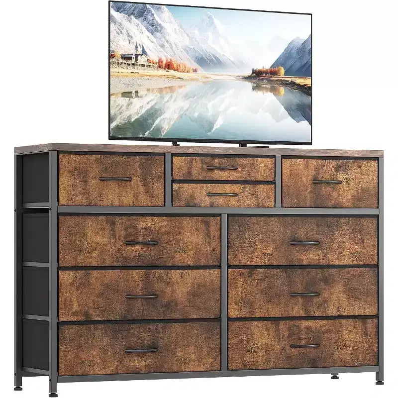 Commode double usage à 10 tiroirs et meuble TV, centre de divertissement pour téléviseurs de 55 pouces, organisateur de rangement pour chambre/salon/entrée