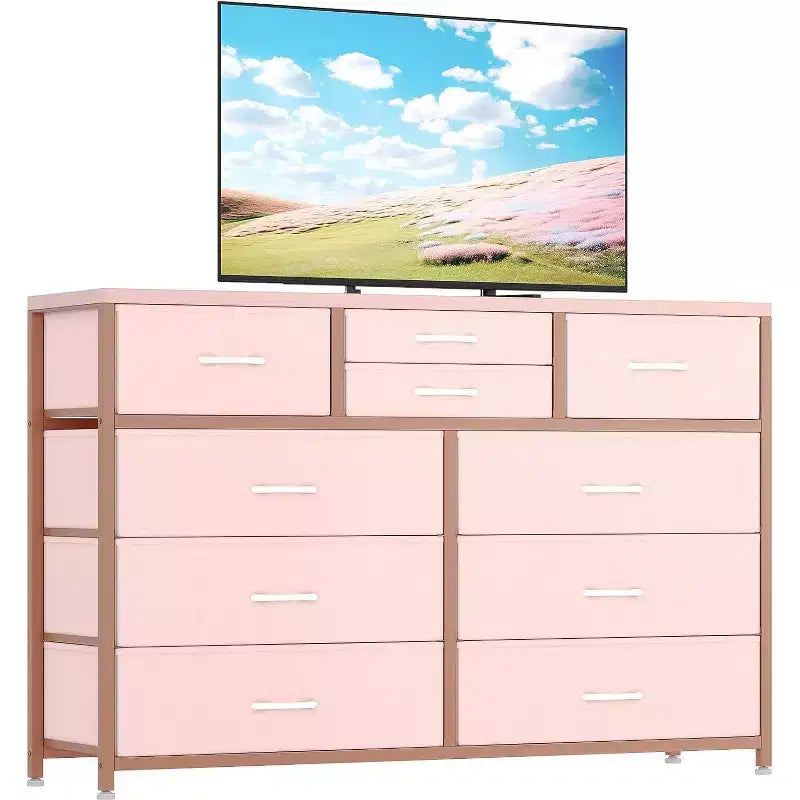 Commode double usage à 10 tiroirs et meuble TV, centre de divertissement pour téléviseurs de 55 pouces, organisateur de rangement pour chambre/salon/entrée
