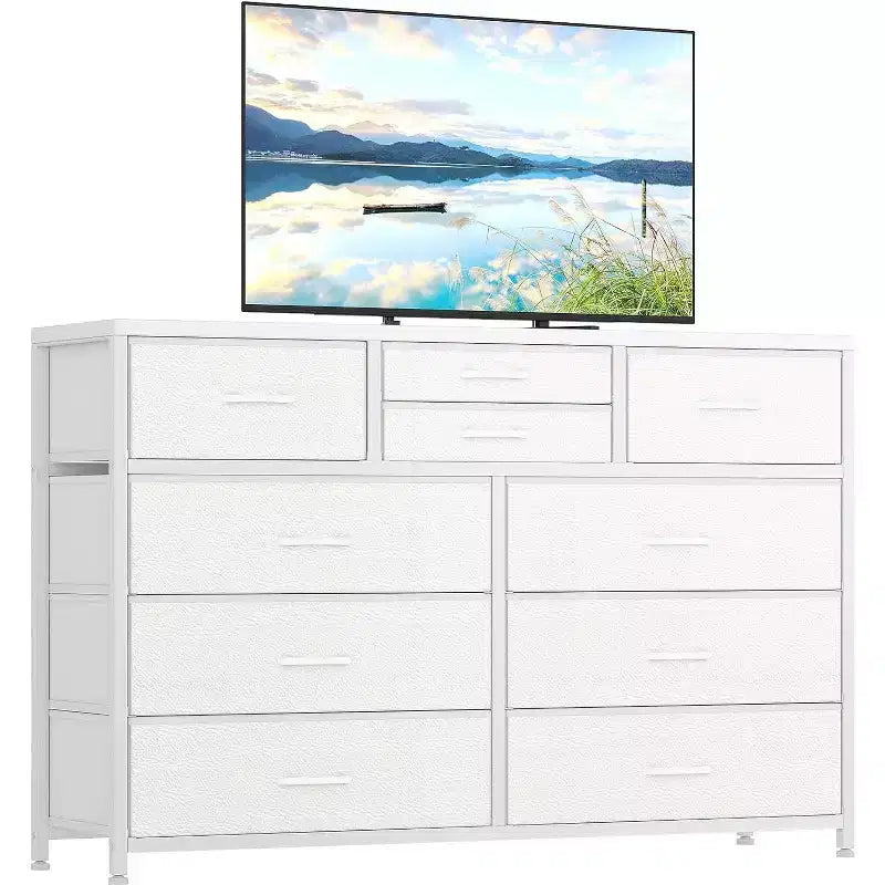 Commode double usage à 10 tiroirs et meuble TV, centre de divertissement pour téléviseurs de 55 pouces, organisateur de rangement pour chambre/salon/entrée