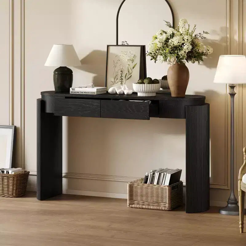 MAYEERTY Console avec plateau ovale en bois naturel et design cannelé, 2 tiroirs pour entrée et salon, noir