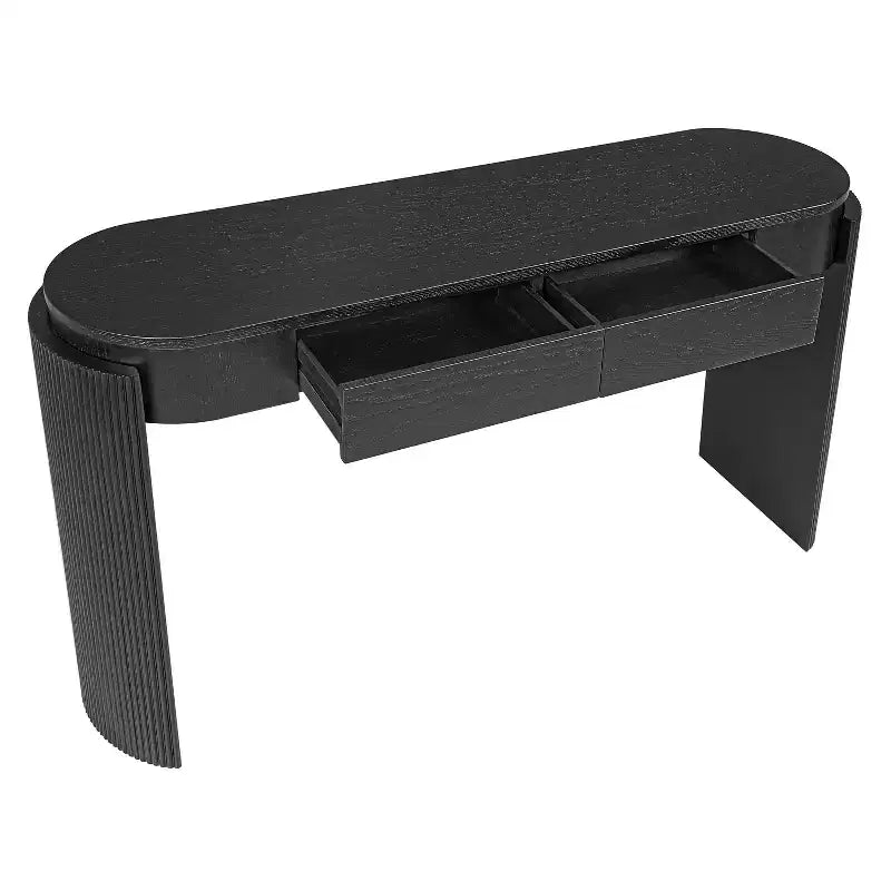 MAYEERTY Console avec plateau ovale en bois naturel et design cannelé, 2 tiroirs pour entrée et salon, noir