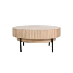Royal Hampton, Table basse ronde moderne artisanale en chêne, plateau en bois blanc avec bords rainurés, pieds en fer noir, 91 cm