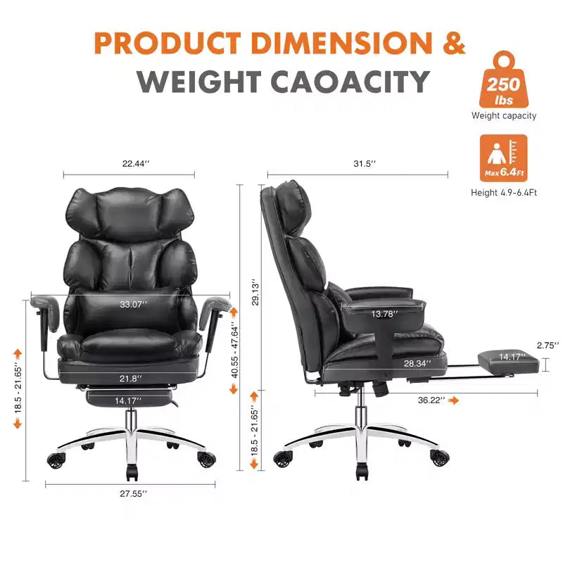 Fauteuil de bureau de direction Bestier, fauteuil de bureau en cuir PU grand et haut avec repose-pieds et soutien lombaire, hauteur inclinable réglable