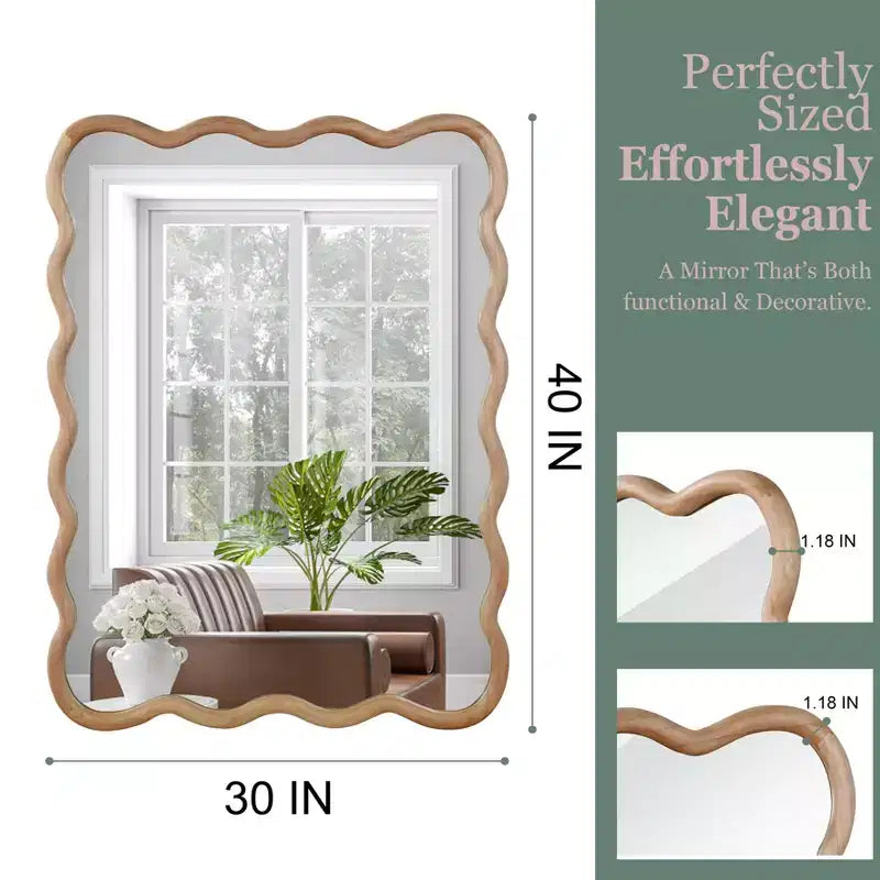 MAYEERTY Miroir décoratif 30 x 40 Cadre en bois massif Rectangle ondulé pour Chambre Salle de bain Salon Bois naturel