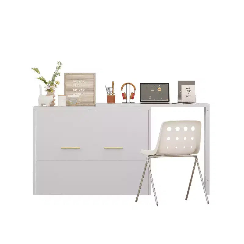Lit escamotable format jumeau avec coussin pliable, lit coffre escamotable peu encombrant avec bureau à position réglable, Blanc/Gris - ModernLuxe