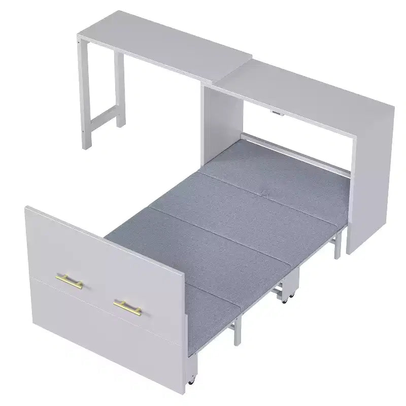 Lit escamotable format jumeau avec coussin pliable, lit coffre escamotable peu encombrant avec bureau à position réglable, Blanc/Gris - ModernLuxe