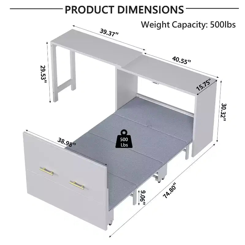 Lit escamotable format jumeau avec coussin pliable, lit coffre escamotable peu encombrant avec bureau à position réglable, Blanc/Gris - ModernLuxe