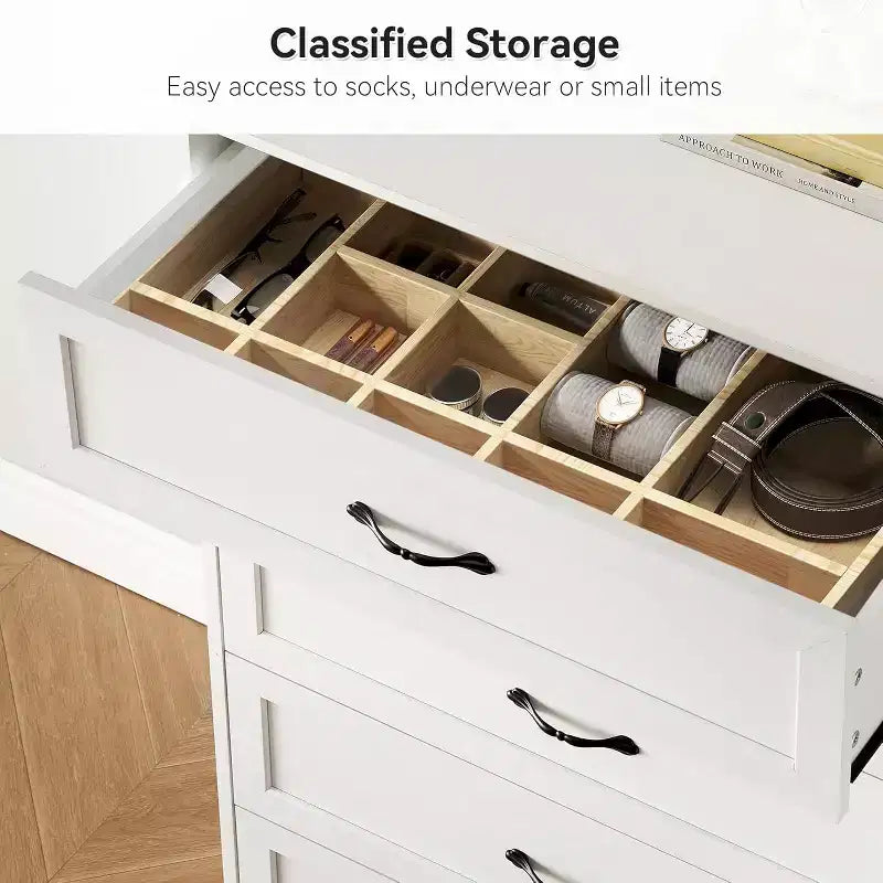 Commode à 5 ou 6 tiroirs, commode de style rustique avec poignées en métal, organiseur de rangement moderne avec dispositif anti-basculement, commode haute en bois