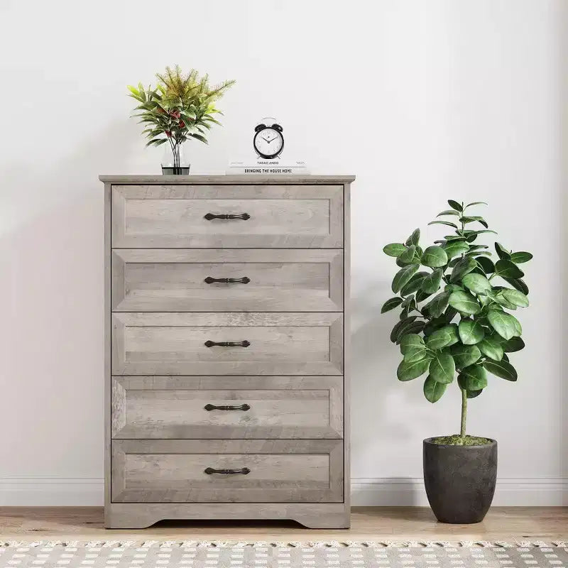Commode à 5 ou 6 tiroirs, commode de style rustique avec poignées en métal, organiseur de rangement moderne avec dispositif anti-basculement, commode haute en bois