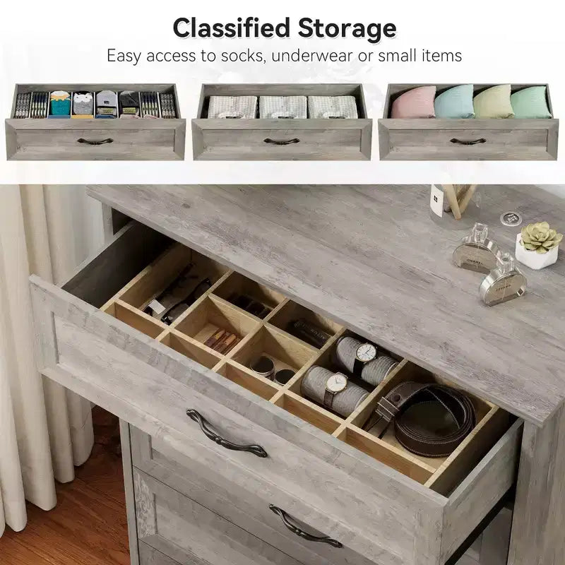 Commode à 5 ou 6 tiroirs, commode de style rustique avec poignées en métal, organiseur de rangement moderne avec dispositif anti-basculement, commode haute en bois