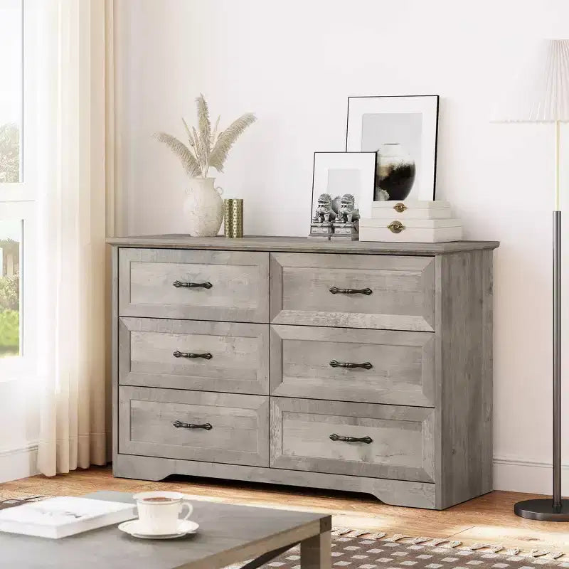 Commode à 5 ou 6 tiroirs, commode de style rustique avec poignées en métal, organiseur de rangement moderne avec dispositif anti-basculement, commode haute en bois