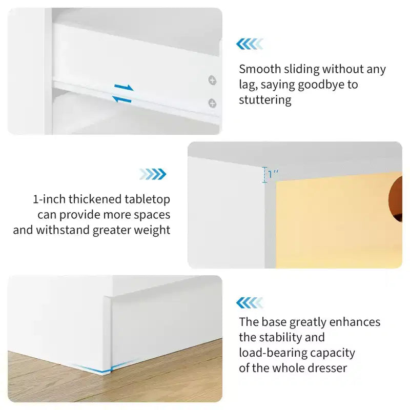 Commode double à 4 tiroirs avec prise de courant, commodes d'appoint avec lumière LED, commode de rangement blanche moderne avec station de charge, blanc