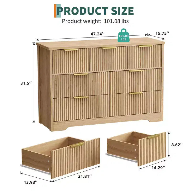 Commode cannelée moderne Zstar pour chambre à coucher, meuble de rangement à 7 tiroirs avec poignée en métal