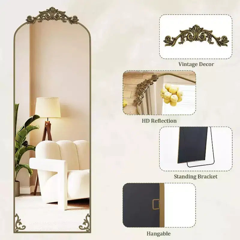 65x22 Arched Full Length Mirror Metal Vintage Mirror Baroque Style,Brozen