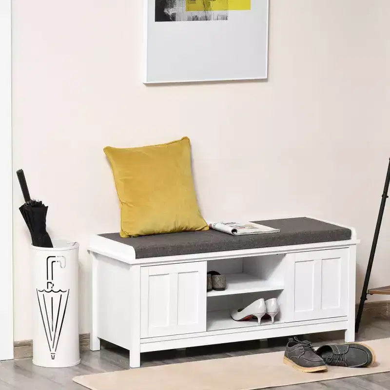 Banc de rangement fonctionnel Okak moderne avec portes coulissantes façon grange, banc à chaussures avec coussin en lin pour chambre à coucher, entrée