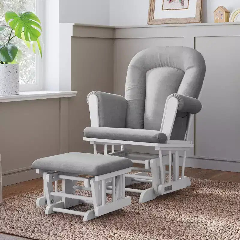 Fauteuil à bascule planant Child Craft Tranquil avec ottoman, coussin rembourré avec poches de rangement, base et cadre en bois massif (cadre blanc mat, coussin gris clair)